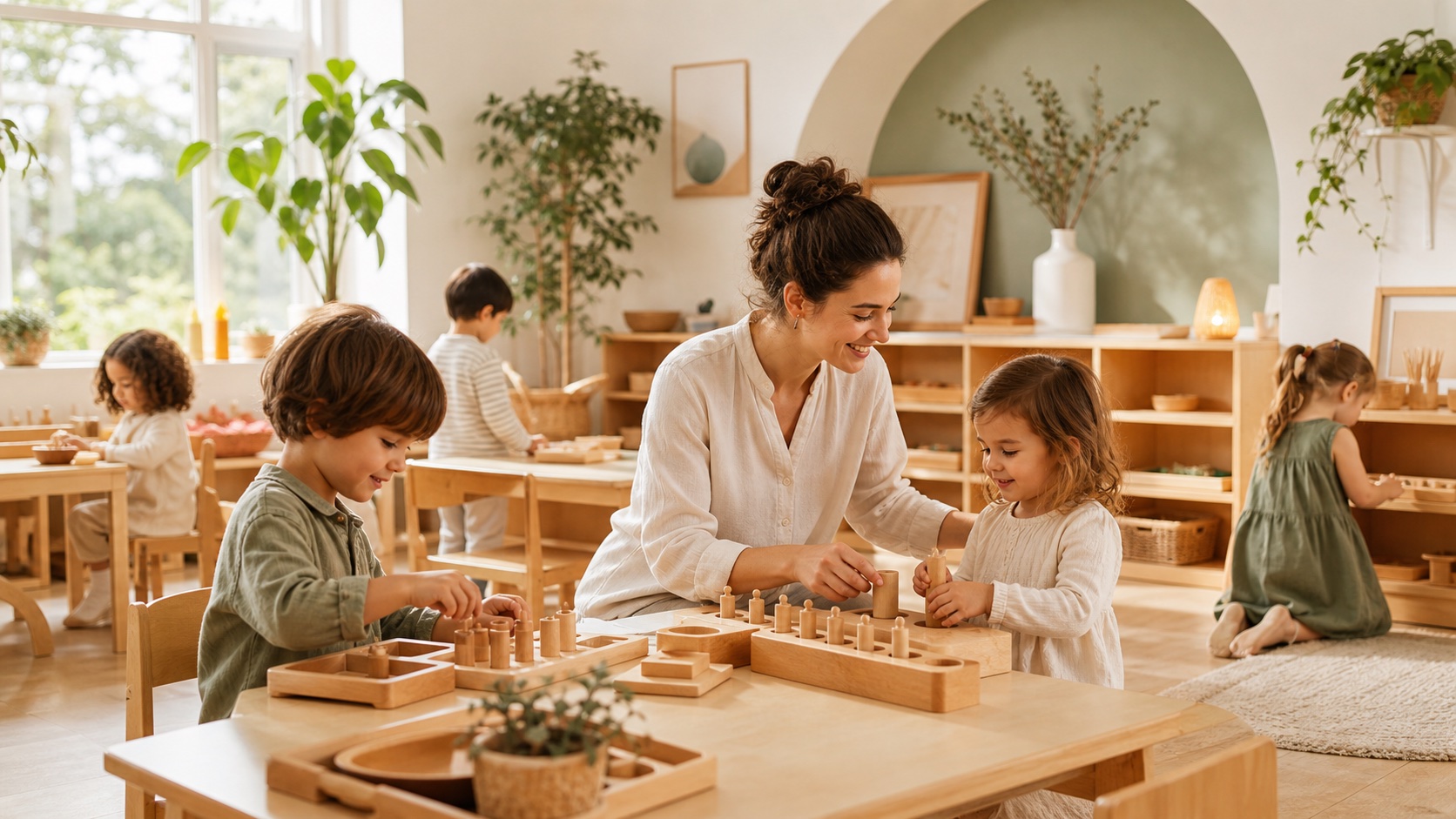 Children working with Montessori cylinder blocks alongside a guide