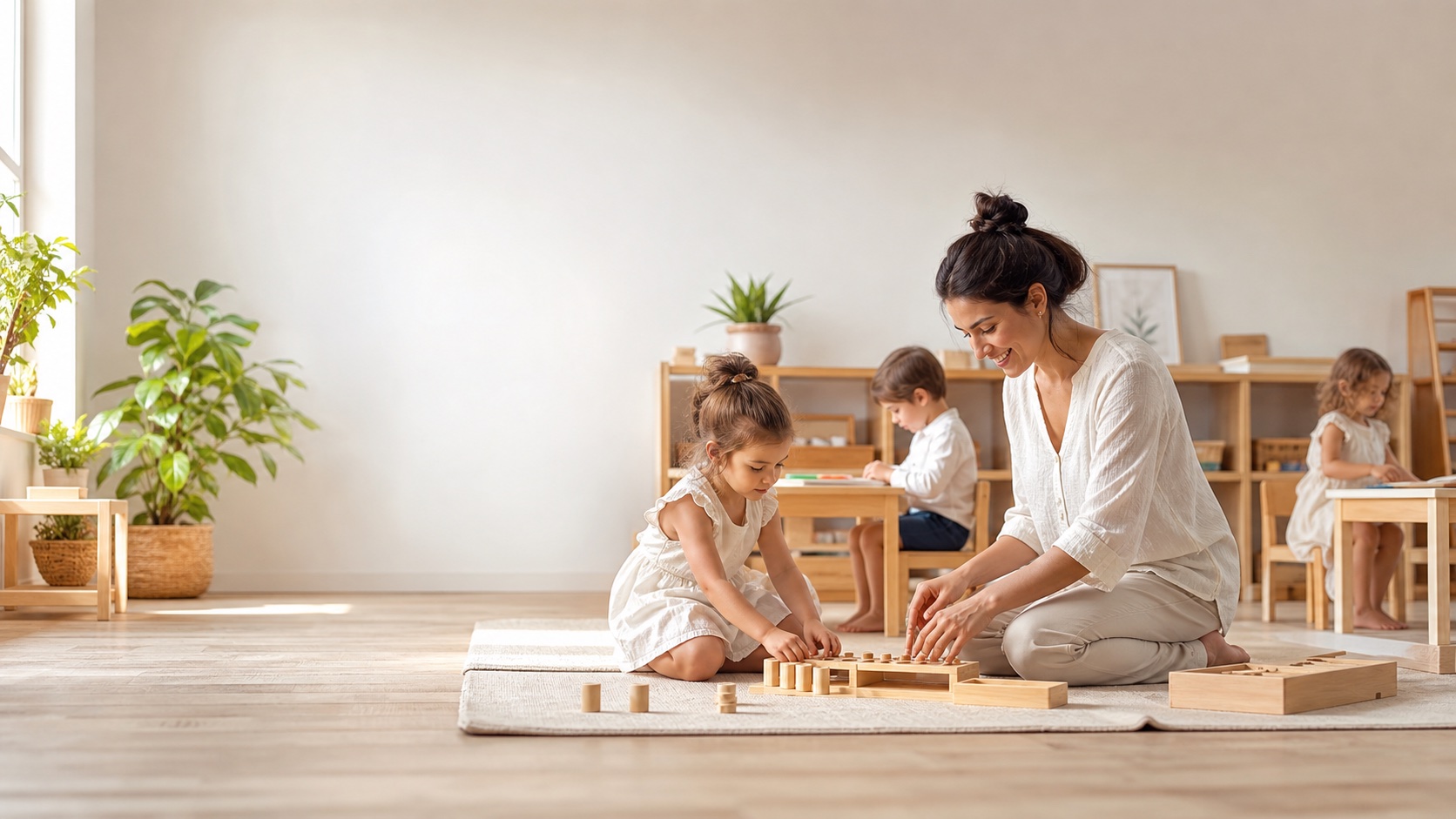 A Montessori prepared environment — child working with wooden materials alongside a guide, natural light, warm wood tones